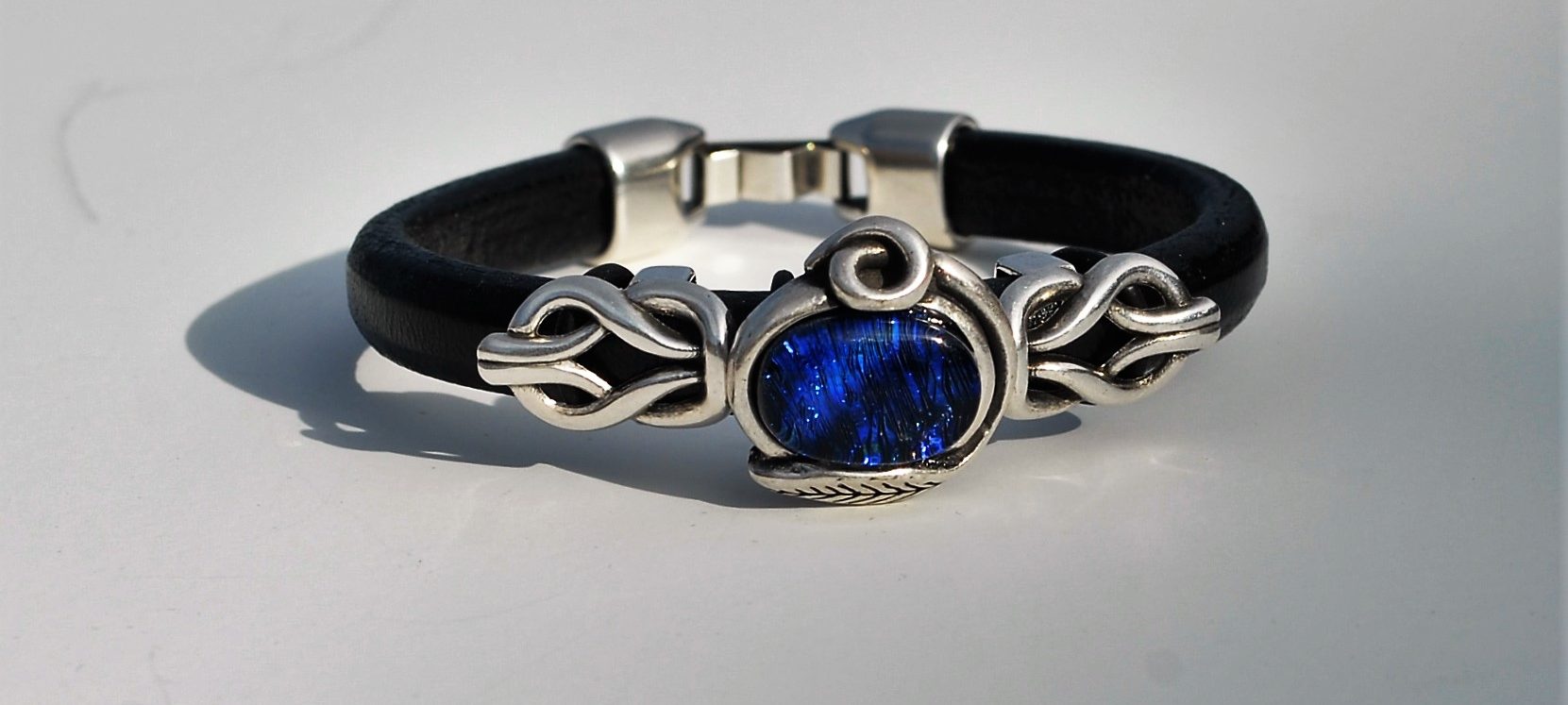 Leather Bracelet with Silver Setting and Fused Dichroic Glass Cabochon